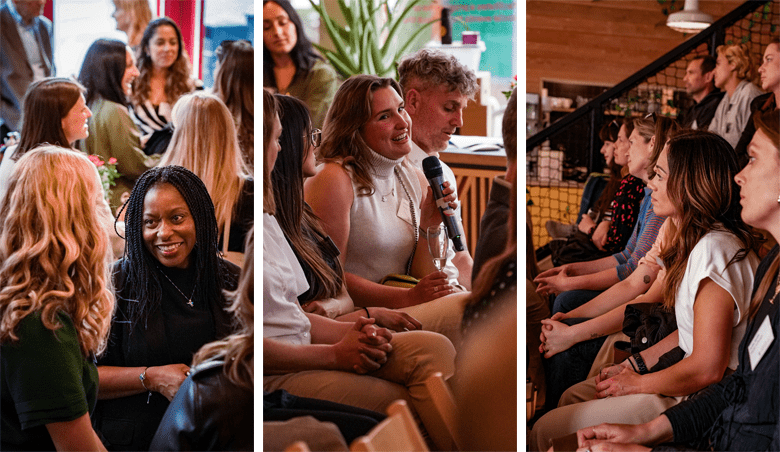 Three images depicting women at networking event
