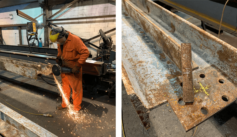 image of man cutting steel beam and cut steel beam for circular steel repurposing in construction