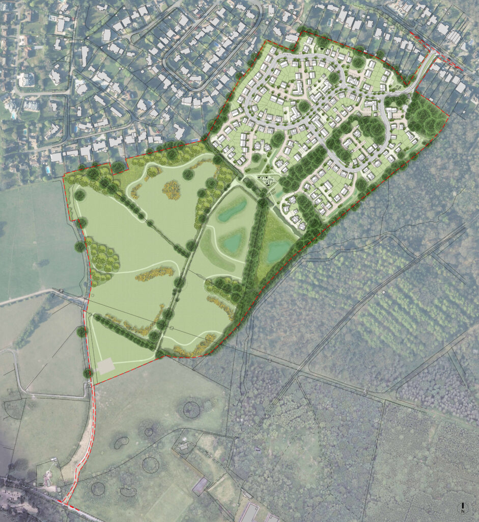 Aerial CGI of a site layout for a new residential development in Surrey