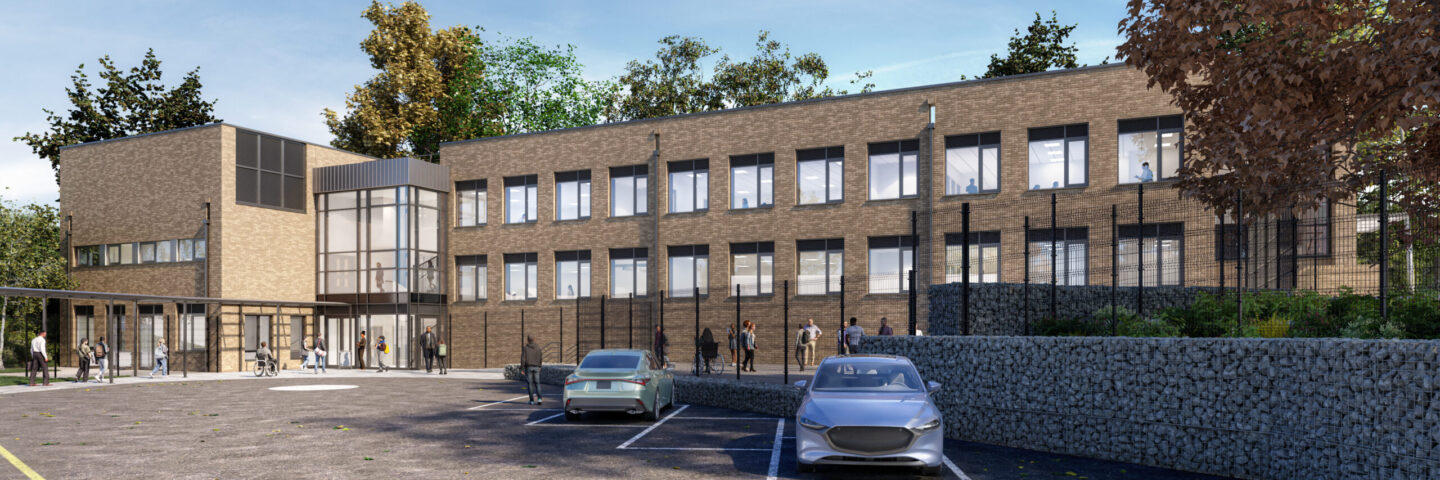 Contemporary brick school building with parking spots in the front and students scattered around the entrance.