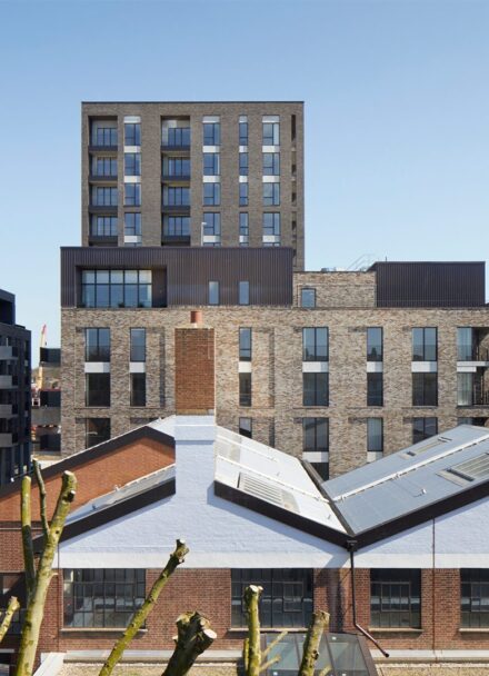Residential brick tower block with metal cladding details seen over the rooflines of the neighbouring houses.