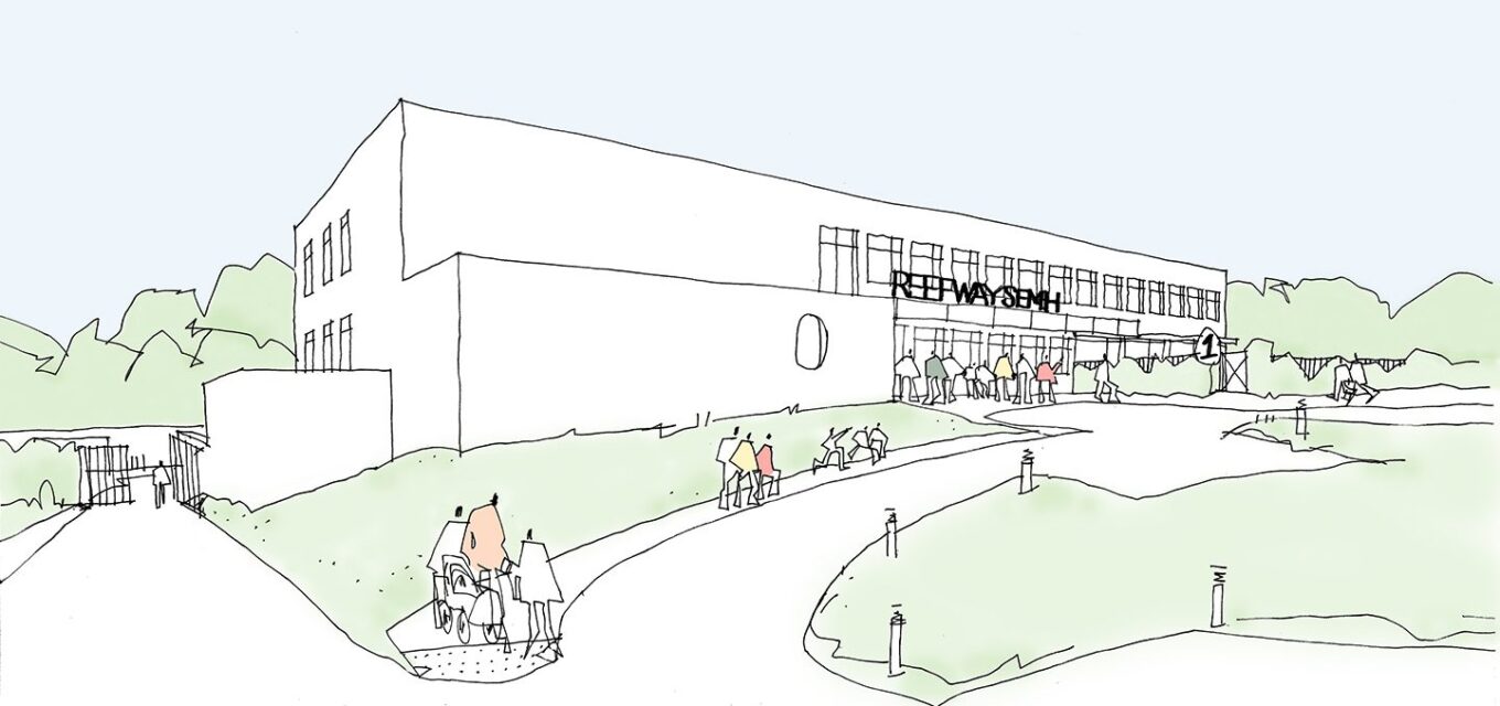 Sketch of a new secondary SEMH school with sloped pavement and landscaping.