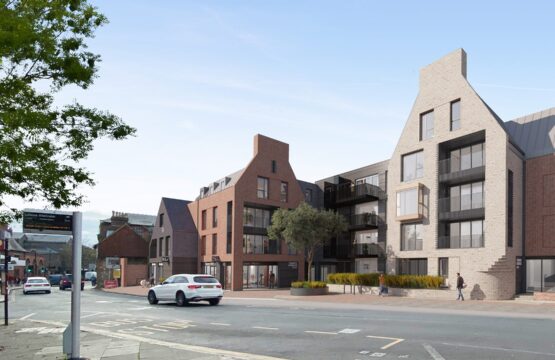 CGI of residential development in a contemporary style with gables in a mix of red and grey brick and darker cladding.