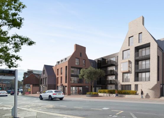 CGI of residential development in a contemporary style with gables in a mix of red and grey brick and darker cladding.