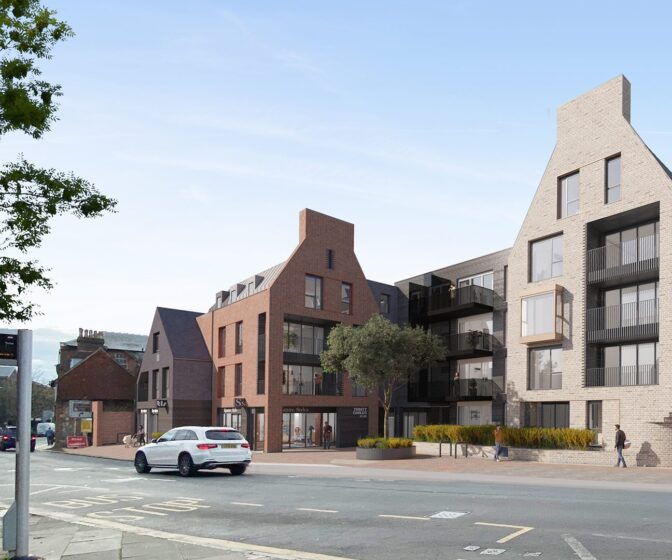 CGI of residential development in a contemporary style with gables in a mix of red and grey brick and darker cladding.