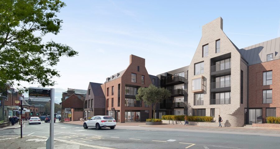 CGI of residential development in a contemporary style with gables in a mix of red and grey brick and darker cladding.