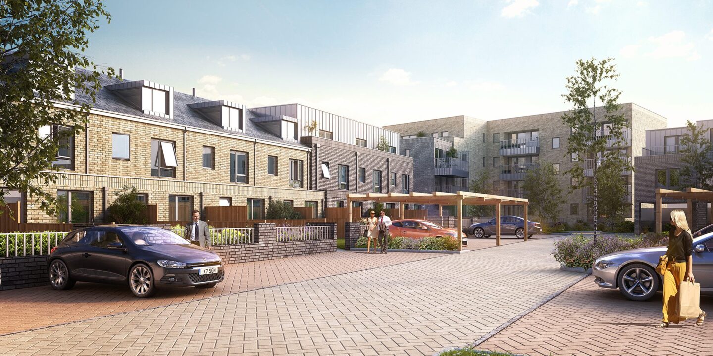 CGI of parking area of a residential development with residential, flatted houses overlooking the cars and parking spots.