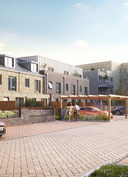 CGI of parking area of a residential development with residential, flatted houses overlooking the cars and parking spots.