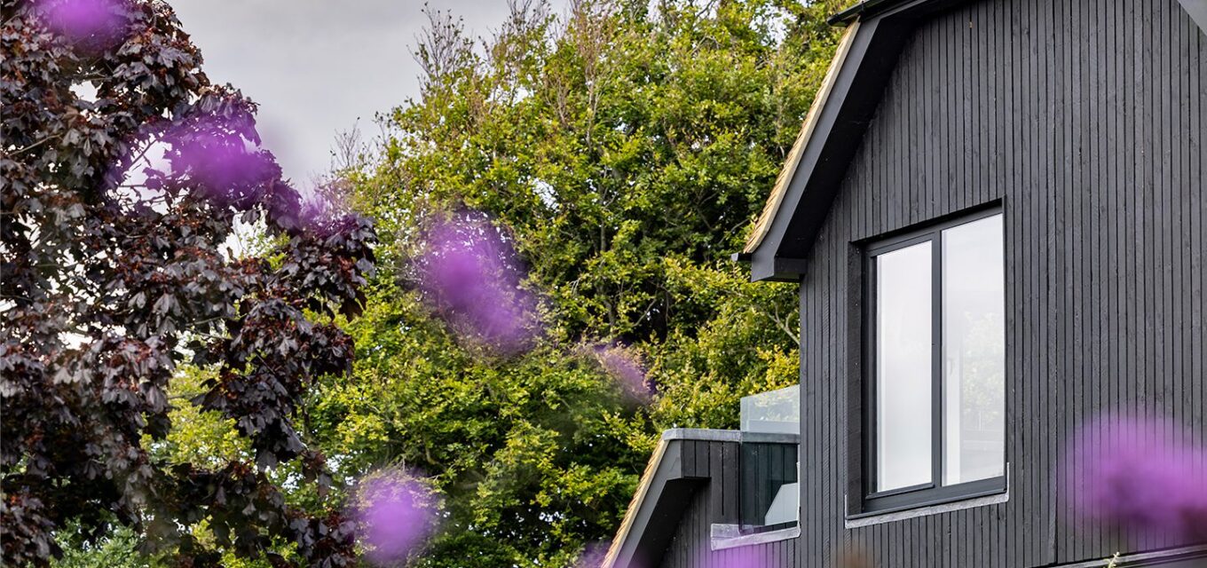 Private house with black wooden cladding and large windows with blurred purple flowers in the front.