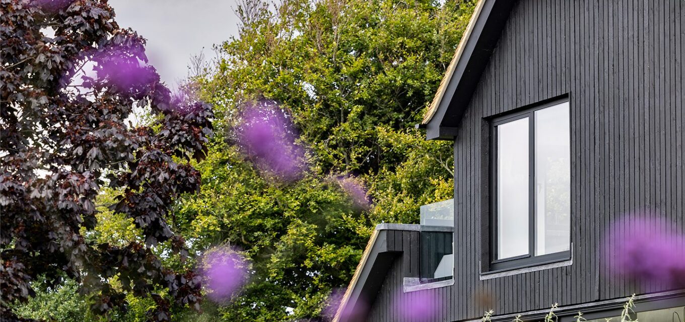 Private house with black wooden cladding and large windows with blurred purple flowers in the front.