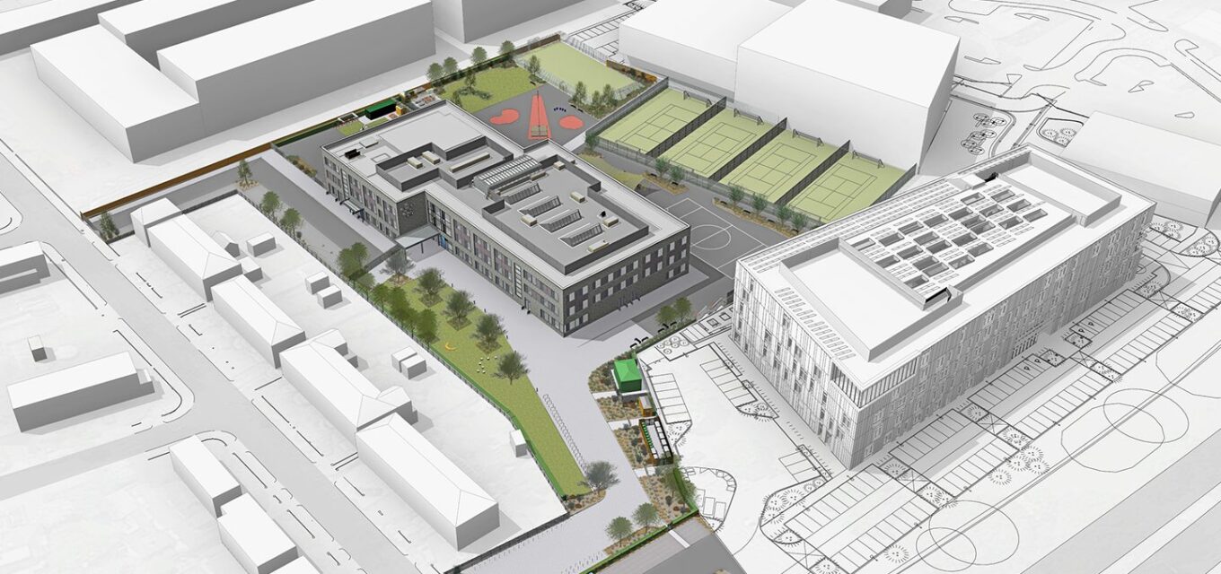 Model of a new school building and sports hall with multi-use games areas and football pitches set in wider campus setting