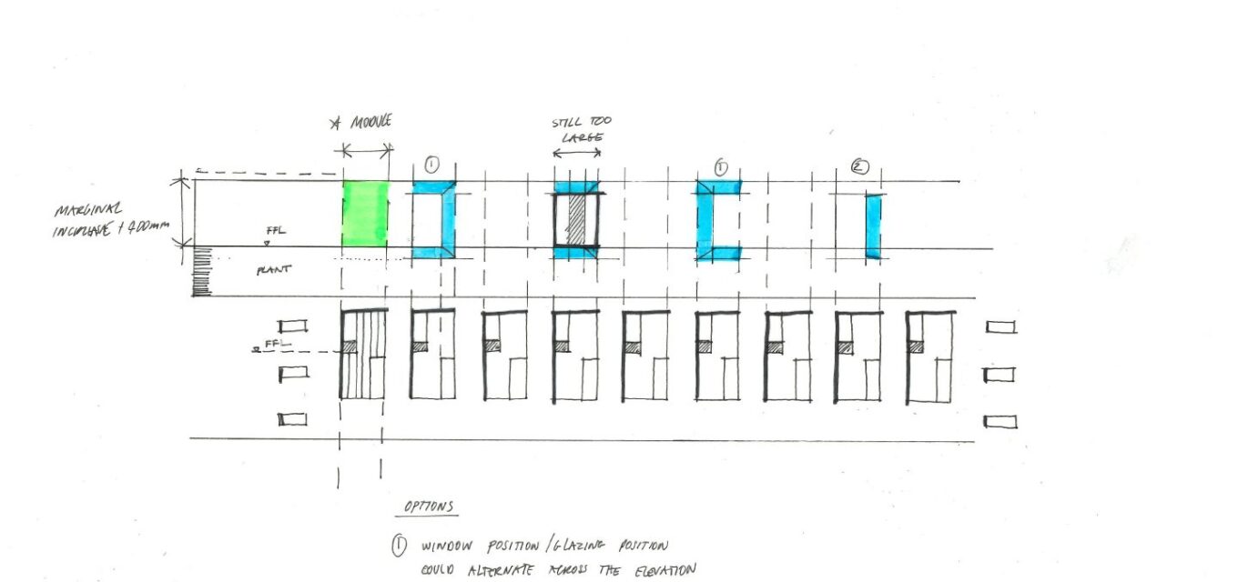 Architectural sketch of the window positioning and glazing of a hotel building