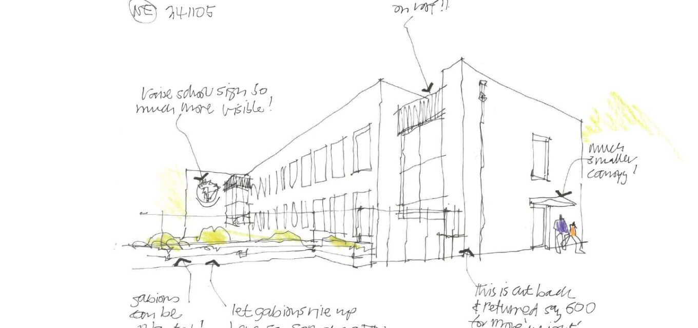 Architectural concept sketch of new SEN secondary school in Crowborough with annotations and notes.