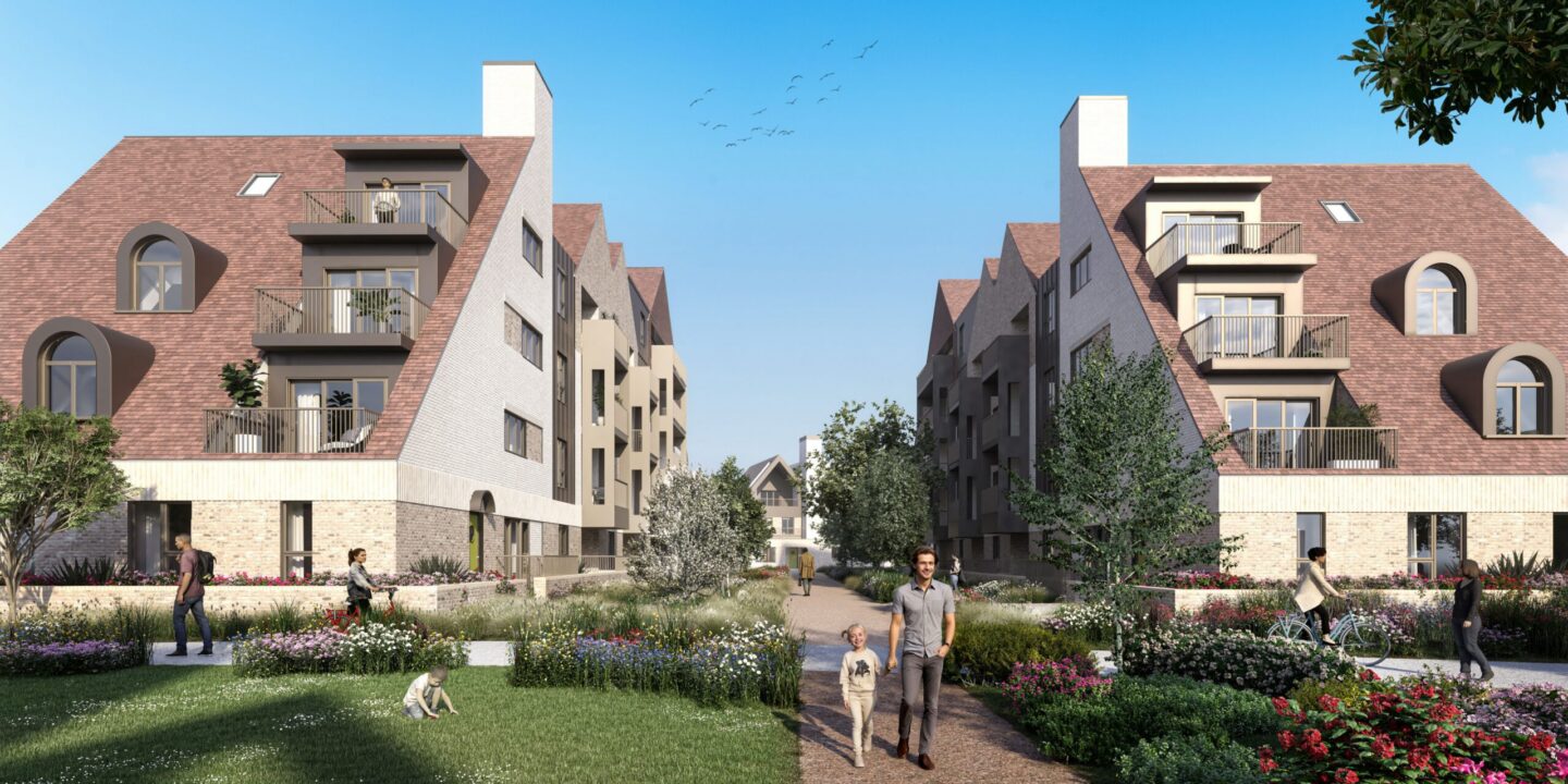 Street scene of residential architectural scheme with green communal spaces.