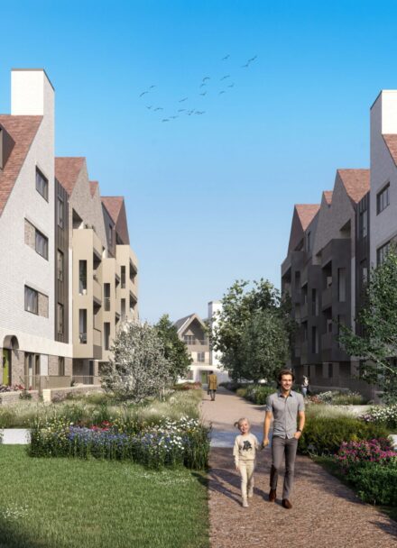 Street scene of residential architectural scheme with green communal spaces.