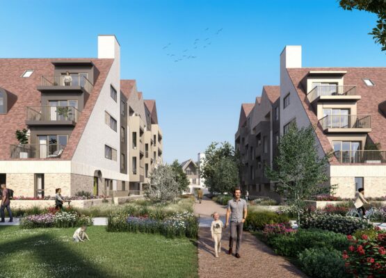 Street scene of residential architectural scheme with green communal spaces.