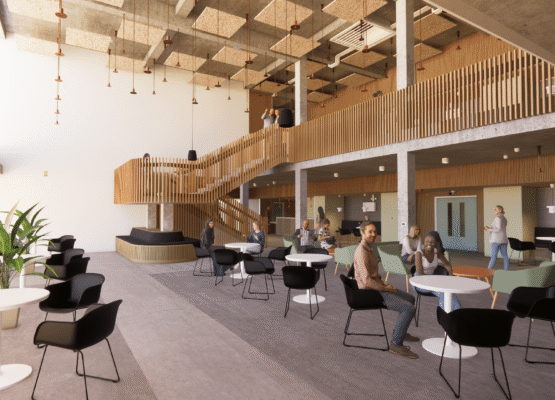 CGI of entrance foyer of refurbished theatre in West Sussex