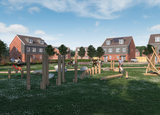 A green playground with children playing, surrounded by houses.