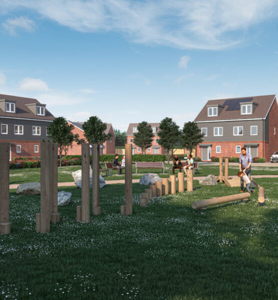 A green playground with children playing, surrounded by houses.