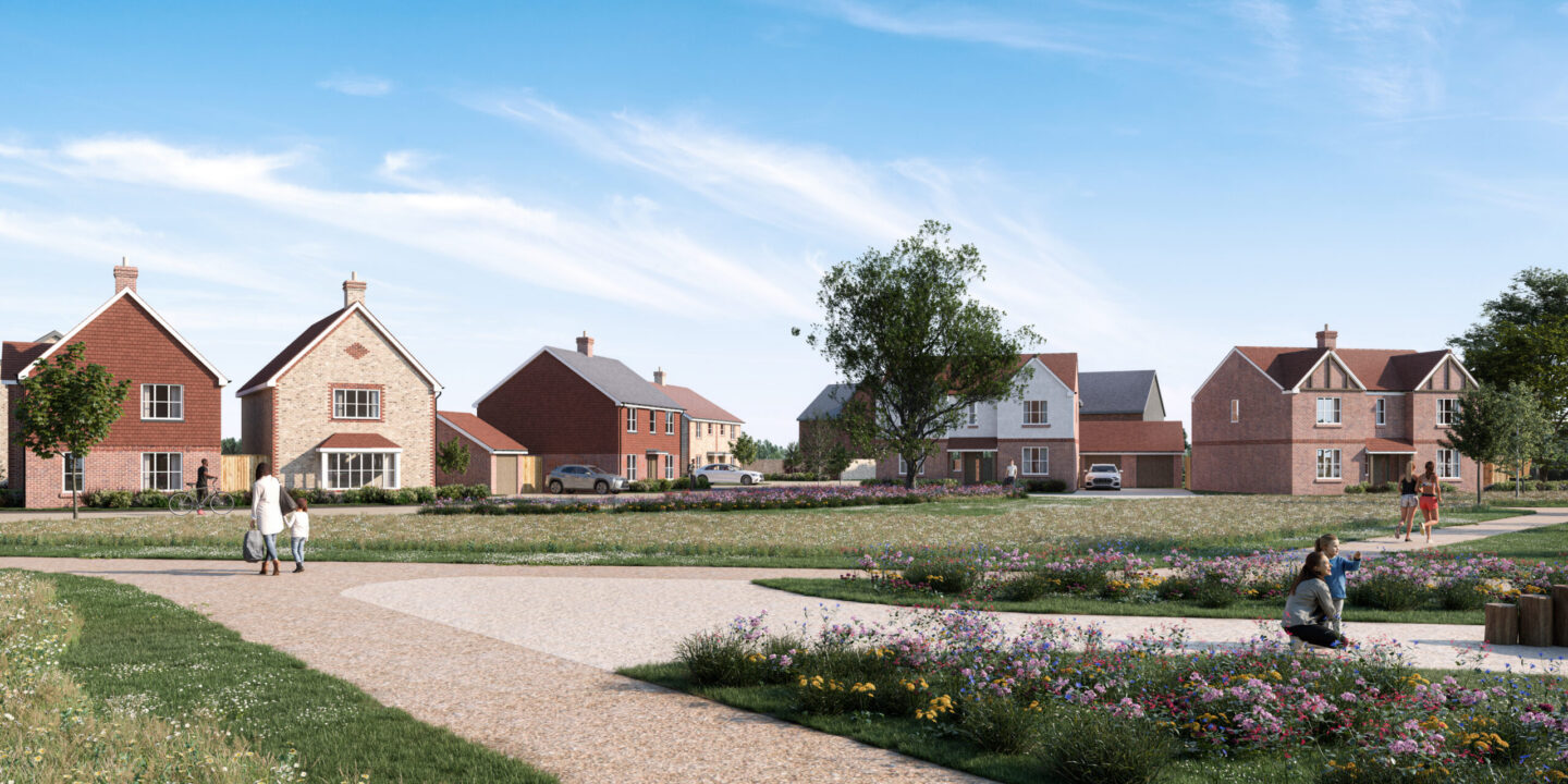 Path in front of several residential homes.